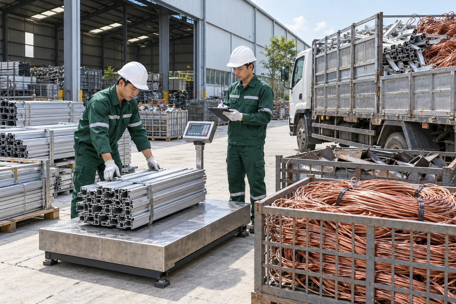 Nhân viên cân đo và ghi nhận lô phế liệu đã phân loại tại kho xưởng