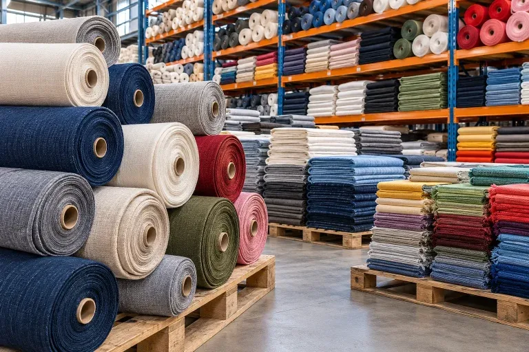 Vải cây và vải tồn kho được sắp xếp theo màu và chất liệu