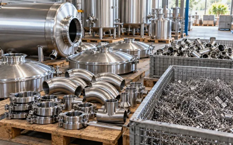 Bồn, phụ kiện và phoi inox được phân loại trong kho