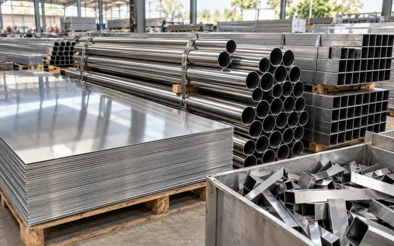 Tấm inox và các loại ống inox được xếp theo lô