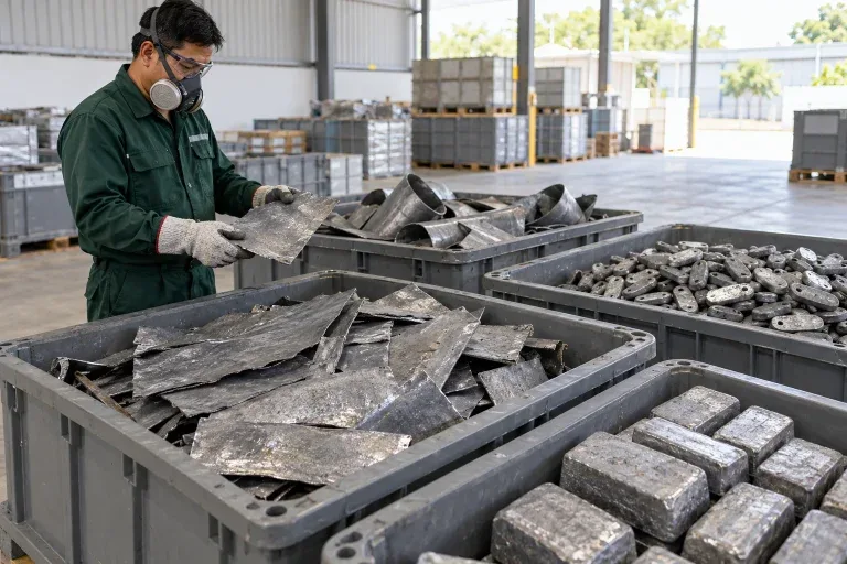Tấm và khối chì phế liệu được chứa an toàn trong thùng kín tại kho công nghiệp