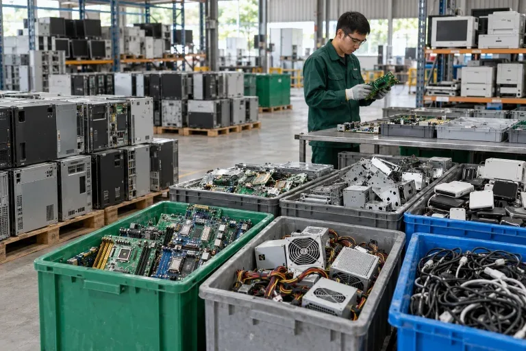 Máy tính bo mạch dây cáp và linh kiện điện tử cũ được phân loại trong kho