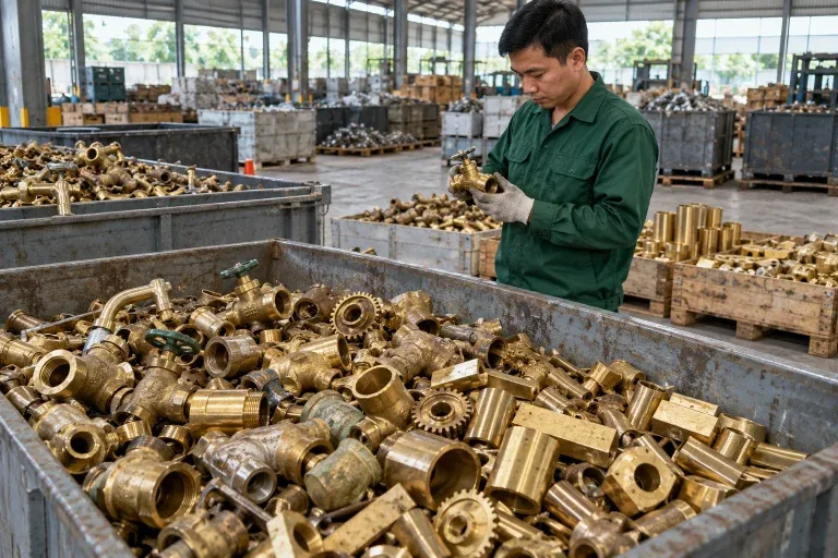 Van vòi bánh răng và phụ kiện đồng thau được phân loại trong thùng kim loại