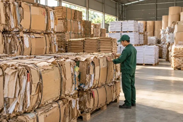 Giấy và thùng carton phế liệu được ép kiện trong kho sạch