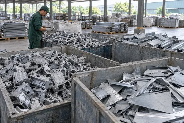 Chi tiết đúc và tấm kẽm phế liệu được phân loại trong kho công nghiệp