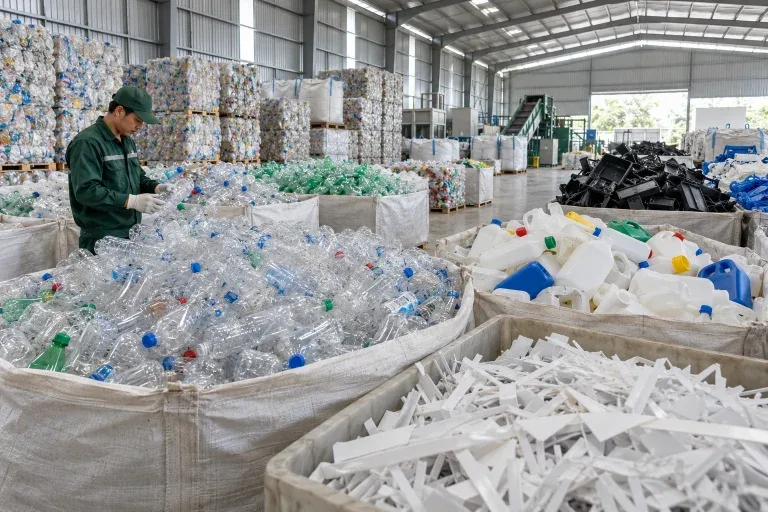 Nhựa PET HDPE và PP được phân loại trong kho tái chế sạch