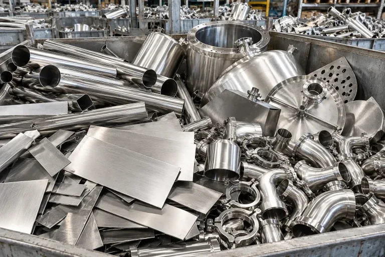 Ống, tấm và thiết bị inox phế liệu đã phân loại